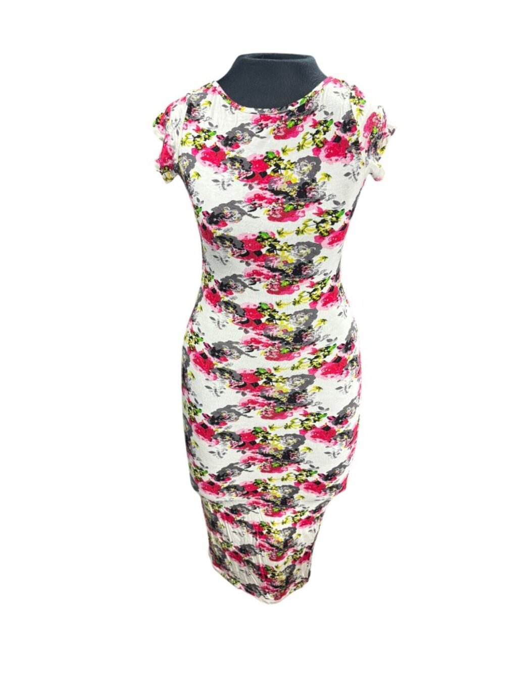Floral Print Backless Bodycon Midi Dress Short Sleeve UK2LA White/Pink M